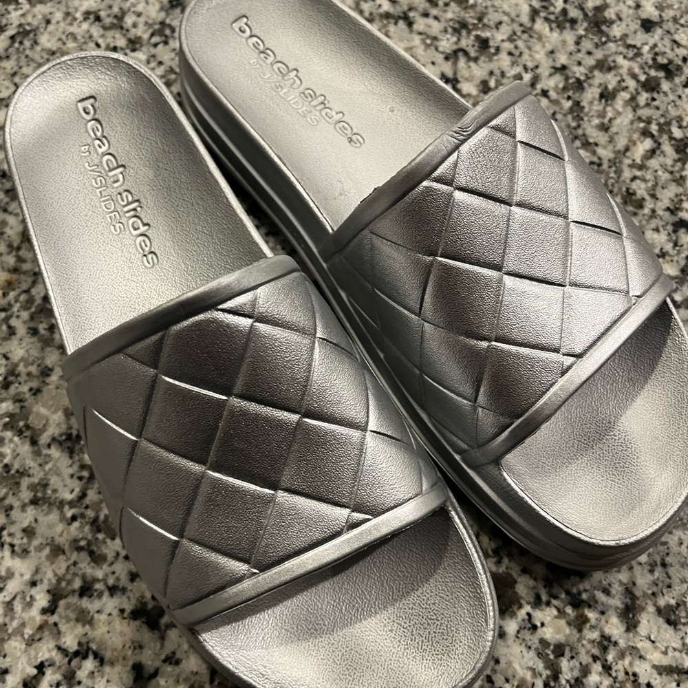 J Slides Silver Quilted Slide Sandals